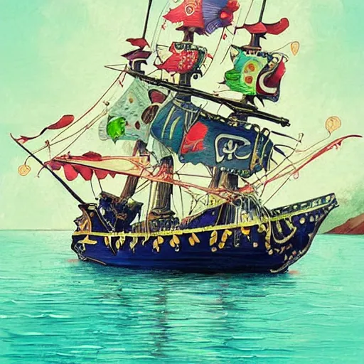 Image similar to pirate ship sailing, trending on artstation, colorful, intricate, art by aurore folny and ekaterina burmak