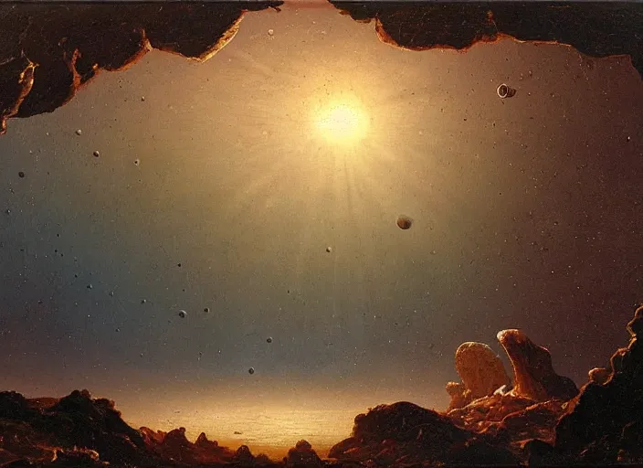 Image similar to earth during the cretaceous – paleogene extinction event, just as the asteroid is colliding with earth, the asteroid later forms the chicxulub crater, in the style of hudson river school of art, oil on canvas