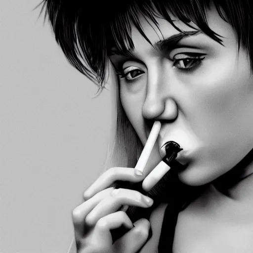 Image similar to Miley Cryus smoking a cigarette, 8k, realistic, extreme details, detailed, sharp, smoke