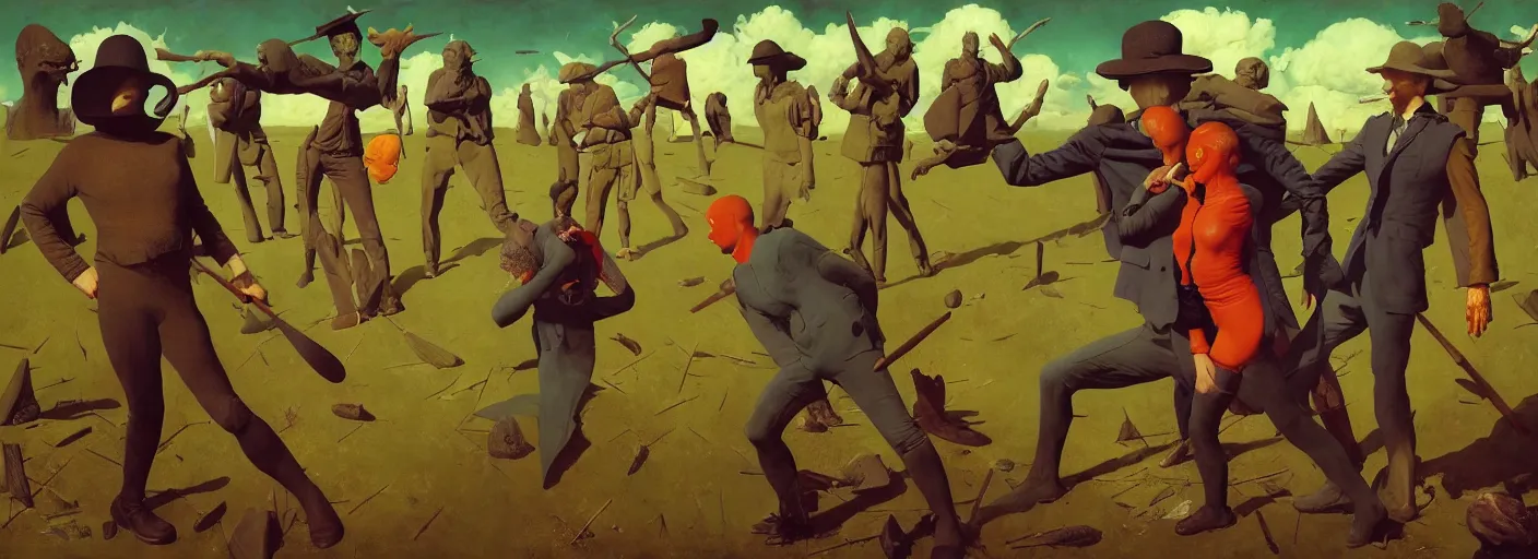 Image similar to full - body portrait surreal colorful clay fighting artstation rpg gentleman character concept art anatomy, action pose, very coherent and colorful high contrast masterpiece by norman rockwell franz sedlacek hieronymus bosch dean ellis simon stalenhag rene magritte gediminas pranckevicius, dark shadows, sunny day, hard lighting, reference sheet white! background