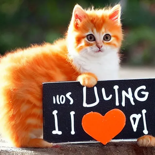 Image similar to cute fluffy orange tabby kitten with a sign that says