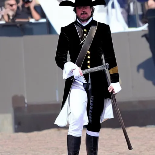 Image similar to full body photo of elon musk as a musketeer, he has a big black hat and holds a shiny sword