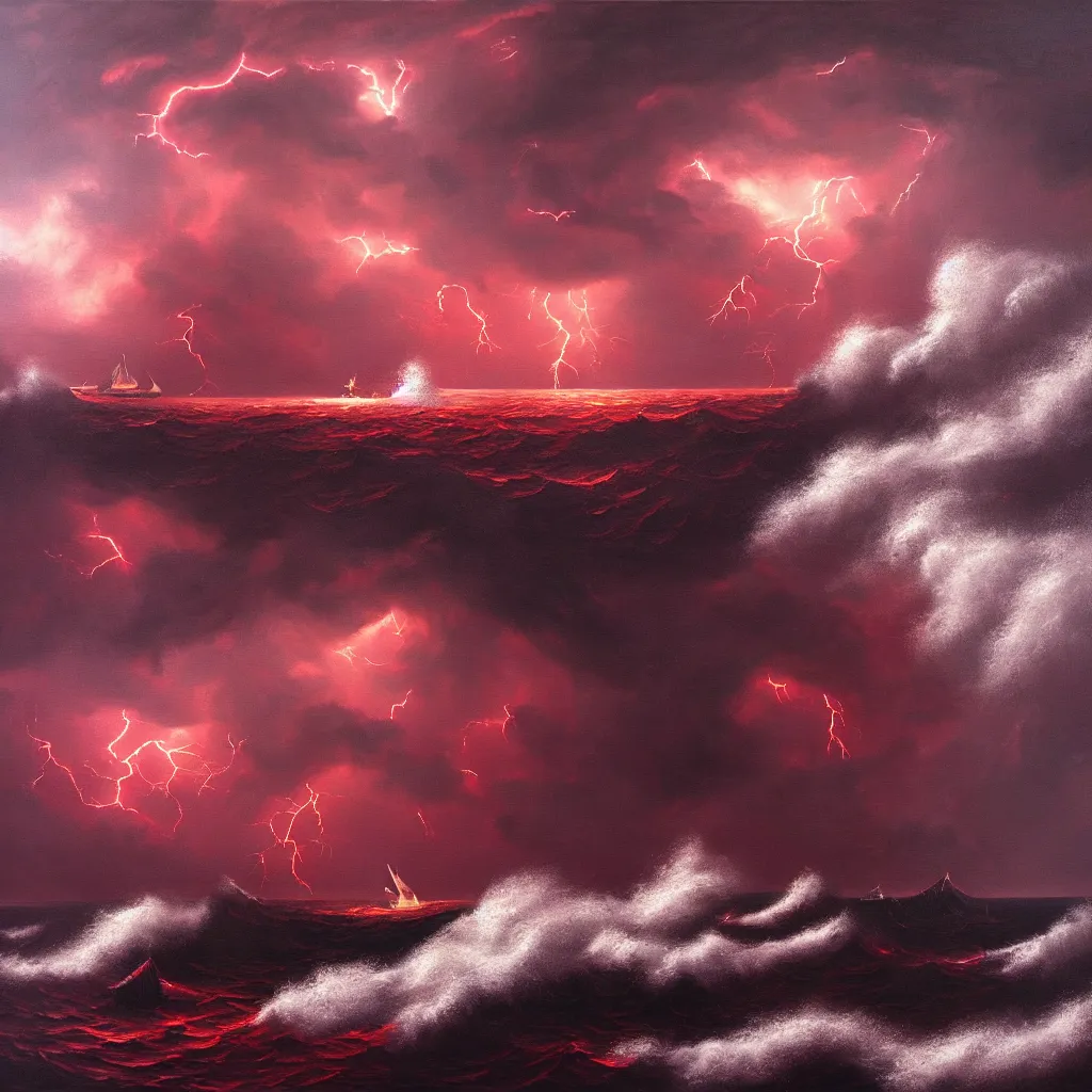 Image similar to a fantasy landscape. subject : giant dark red kraken, stormy sea, giant waves, lightning in the background, small boat, oil painting, 4 k