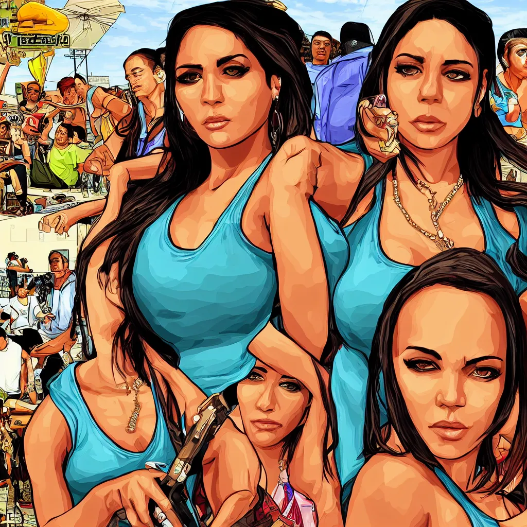 Prompt: a beautiful latina woman, in the style of gta san andreas art