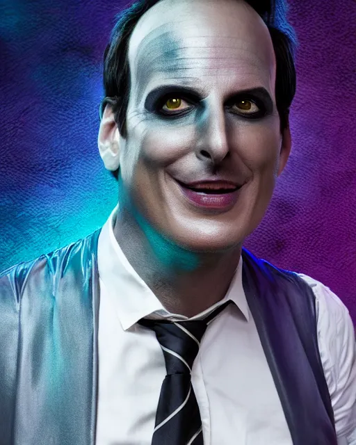 Image similar to Will Arnett as Beetlejuice, makeup, cinematic lighting, 4k photograph