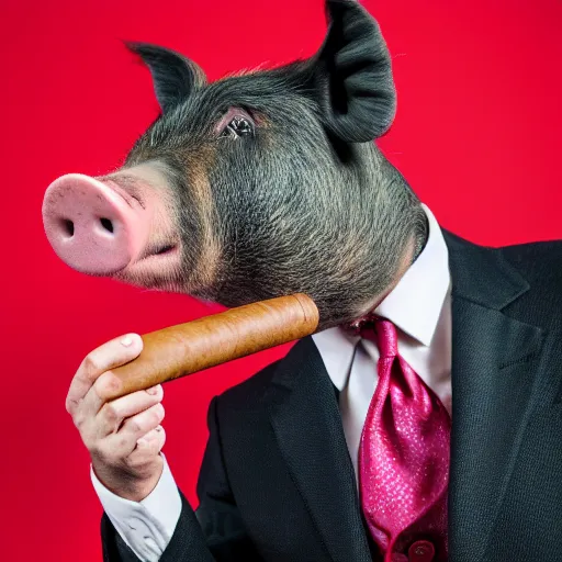 Image similar to a pig wearing a suit and a monocle, smoking a cigar, hyper realistic, 8k, portrait photography