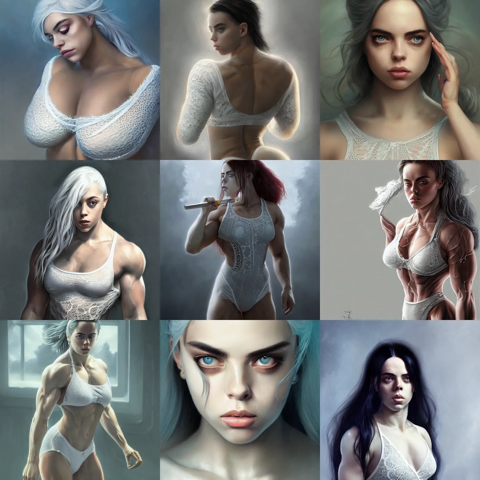 Prompt: billie eilish, body builder physique, white lace clothing, highly detailed, digital painting, matte, sharp focus, art by artgerm, greg rutkowski, frank frzetta, boris vallejo, bouguereau, beksinski, cinematic