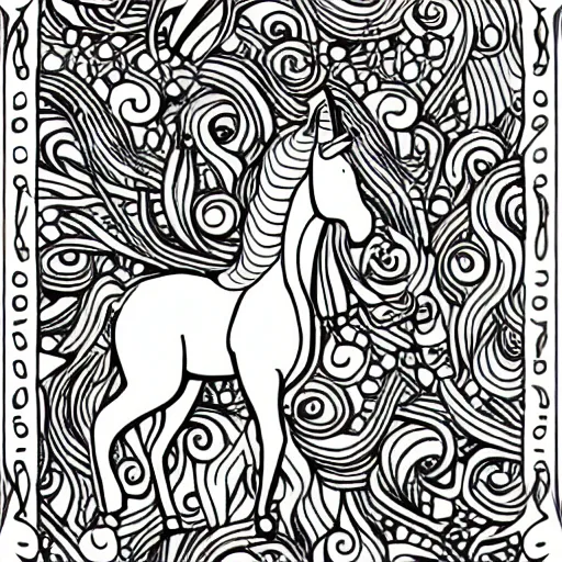 Prompt: full body unicorn, coloring book, black and white