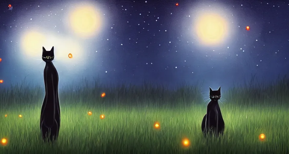 Prompt: black cat walking around in an open field at night with fireflies in the air and lots of stars in the sky, digital painting, highly detailed, magical, trending on artstation