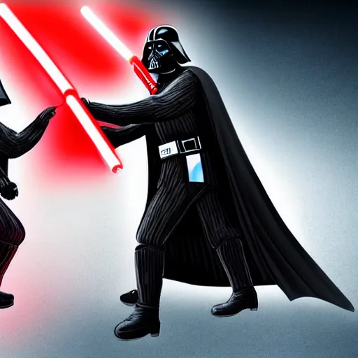 Image similar to putin vs darth vader lightsaber battle digital art