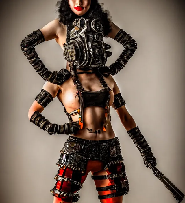 Image similar to full length photograph of a real - life very beautiful atompunk warrior. extremely detailed. dslr. 8 5 mm.