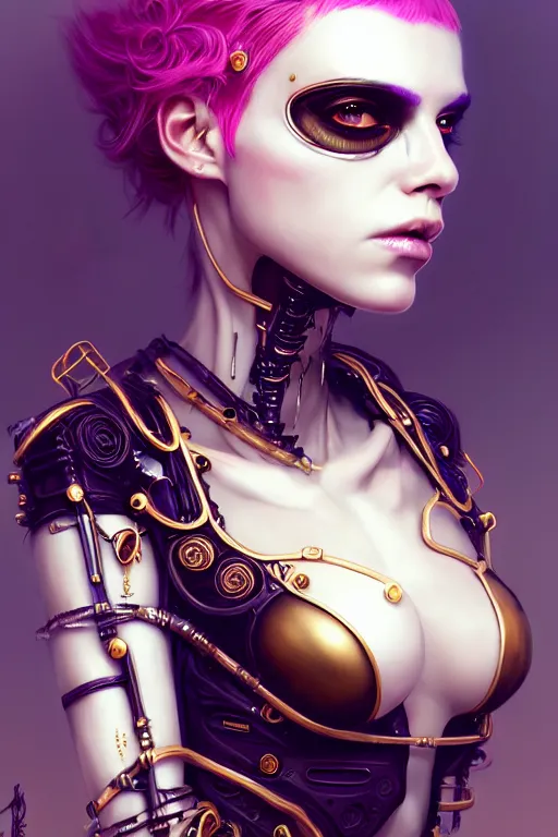 Image similar to soft lustrous ivory ebony raver gutter punk gothic cyborg, golden ratio, flowerpunk, details, scifi, fantasy, cyberpunk, intricate, decadent, highly detailed, digital painting, octane render, artstation, concept art, smooth, sharp focus, illustration, art by artgerm, loish, wlop