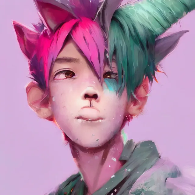 Image similar to a beautiful headshot portrait of a cute anime male boy with pink hair and pink wolf ears and green eyes wearing cyberpunk clothes. character design by cory loftis, fenghua zhong, ryohei hase, ismail inceoglu and ruan jia. artstation, volumetric light, detailed, photorealistic, fantasy, rendered in octane