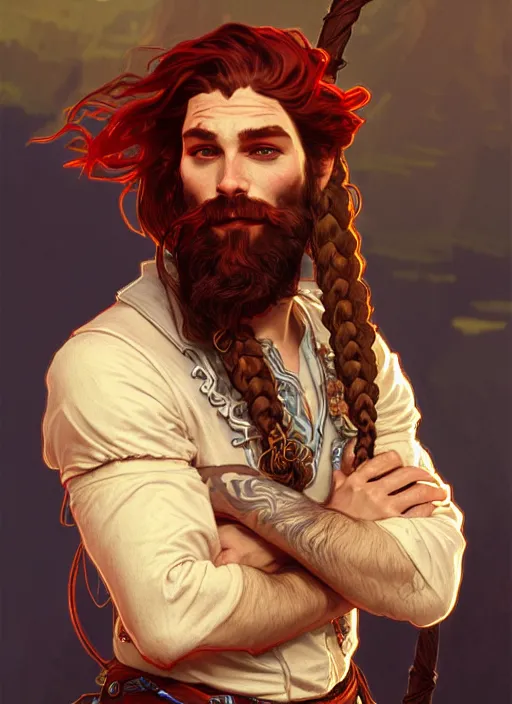 Prompt: portrait of a young ruggedly handsome but joyful pirate, male, masculine, full body, red hair, long hair, braided beard, d & d, fantasy, intricate, elegant, highly detailed, digital painting, artstation, concept art, matte, sharp focus, illustration, art by alphonse mucha