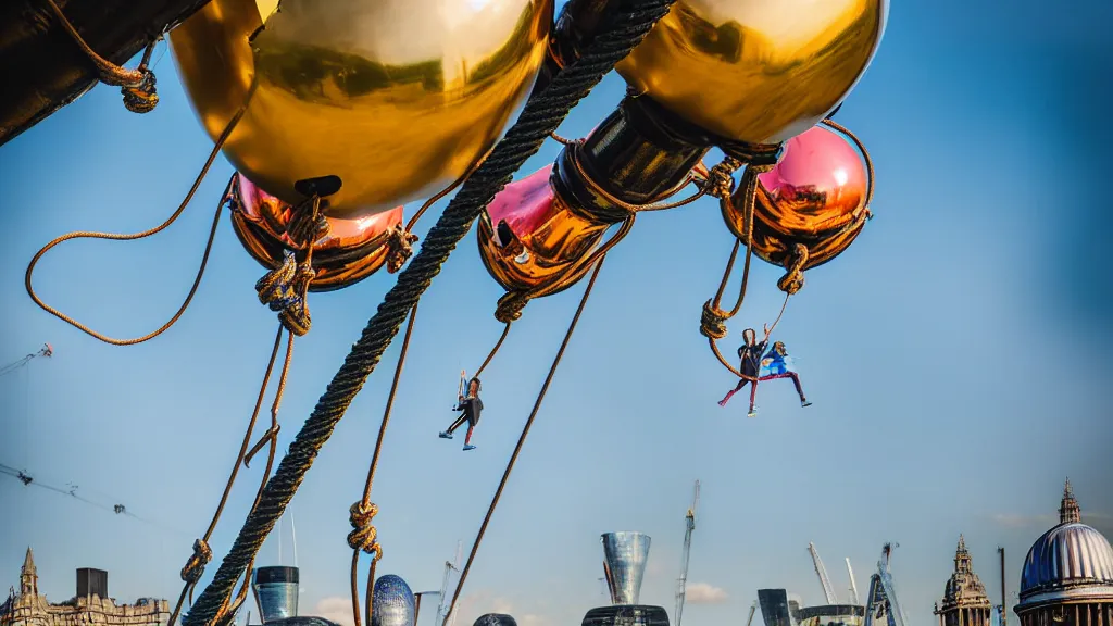 Image similar to large colorful futuristic space age metallic steampunk balloons with pipework and electrical wiring around the outside, and people on rope swings underneath, flying high over the beautiful london city landscape, professional photography, 8 0 mm telephoto lens, realistic, detailed, photorealistic, photojournalism