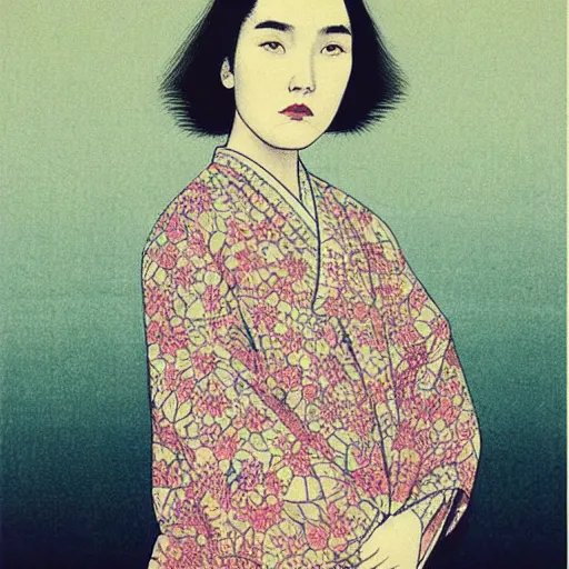 Image similar to “ florence pugh portrait by ikenaga yasunari and ayana otake and ko rakusui, 6 0 s poster, drawing, realistic, sharp focus, japanese, dreamy, nostalgia, faded, golden hues, floral clothes ”