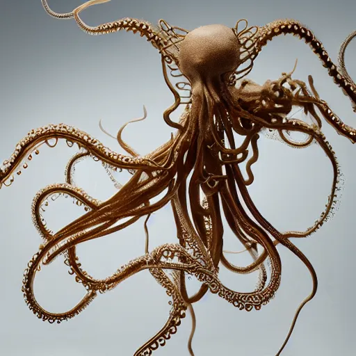 Prompt: incredibly detailed cybernetic symbiosis cybernetic octopus squid strandbeest made with fractals of snake and smoke and fine gold wire by Ellen Jewett and peter gric, trending on artstation, dof2, macro lens, Fine Arts, Rule of thirds, Vivid Colours