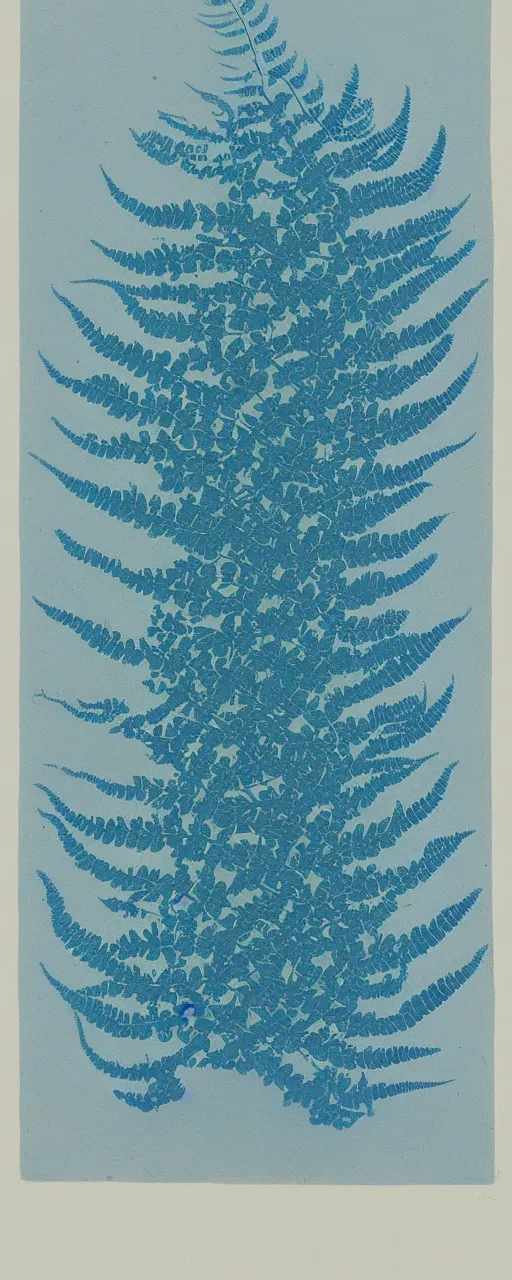 Image similar to a beautiful fern Cyanotype by Anna Atkins, seaweed, Algae, white on a blue background, Photography, botanical