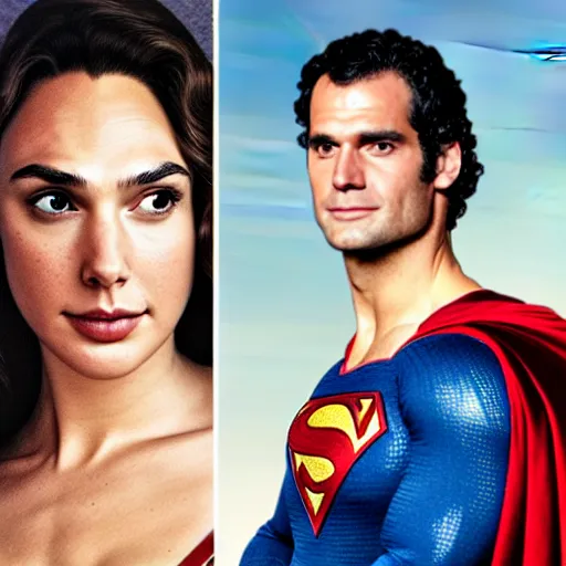 Image similar to a portrait of Gal Gadot wearing Superman suit of Henry Cavill version