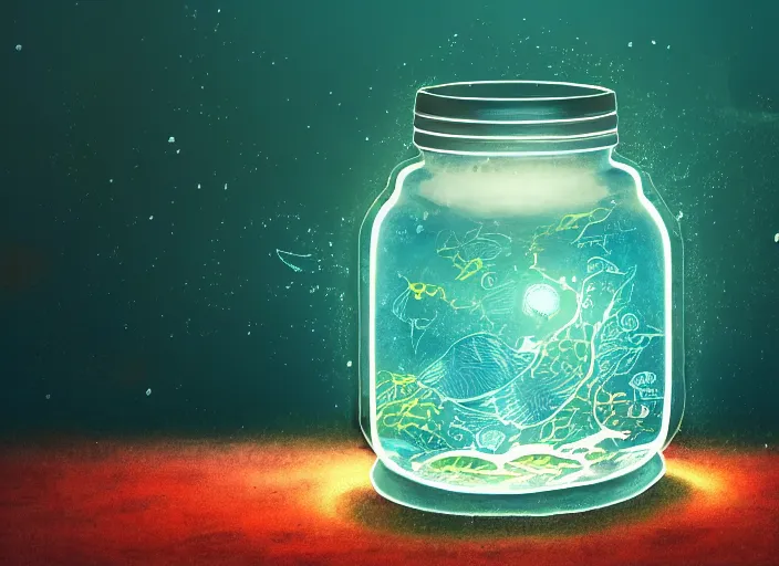 Prompt: bioluminescent neurons floating jar of broken glass with a dramatic turbulent ocean, fish robots swimming in the ocean, concept artists, backlit, dark background, intricate, indie studio, realistic, rim lighting, flourecent colors, emotional, sketch, realistic, whimsical, noise, stippling