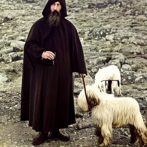 Image similar to photo of breton monks looking like rasputin on athos, with a dog and a goat