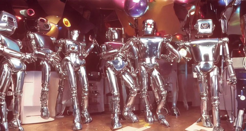 Prompt: color film still, chrome robots at the disco ; studio 5 4 ( 1 9 9 8 )