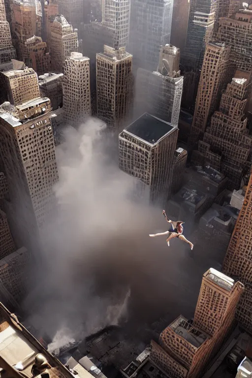 Prompt: !dream a man jumping from a building in New York, dust explosion, ground view 4k detailed photography