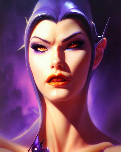 Image similar to widowmaker from overwatch, character portrait, portrait, close up, vintage fantasy art, vintage sci - fi art, radiant light, caustics, by boris vallejo