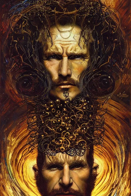 Image similar to character art the contra bill rizer, by karol bak, jean deville, gustav klimt, and vincent van gogh, trickster, enigma, destiny, poe's angel, surreality, inspiration, muse, otherworldly, fractal structures, arcane, ornate gilded medival icon, spirals