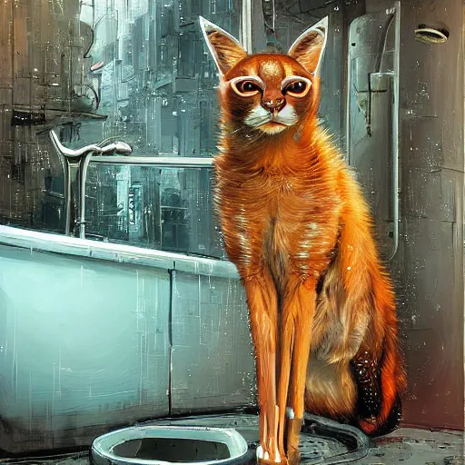 Prompt: cyberpunk cute caracal in a bathtub, by Alena Aenami, by Guy Denning