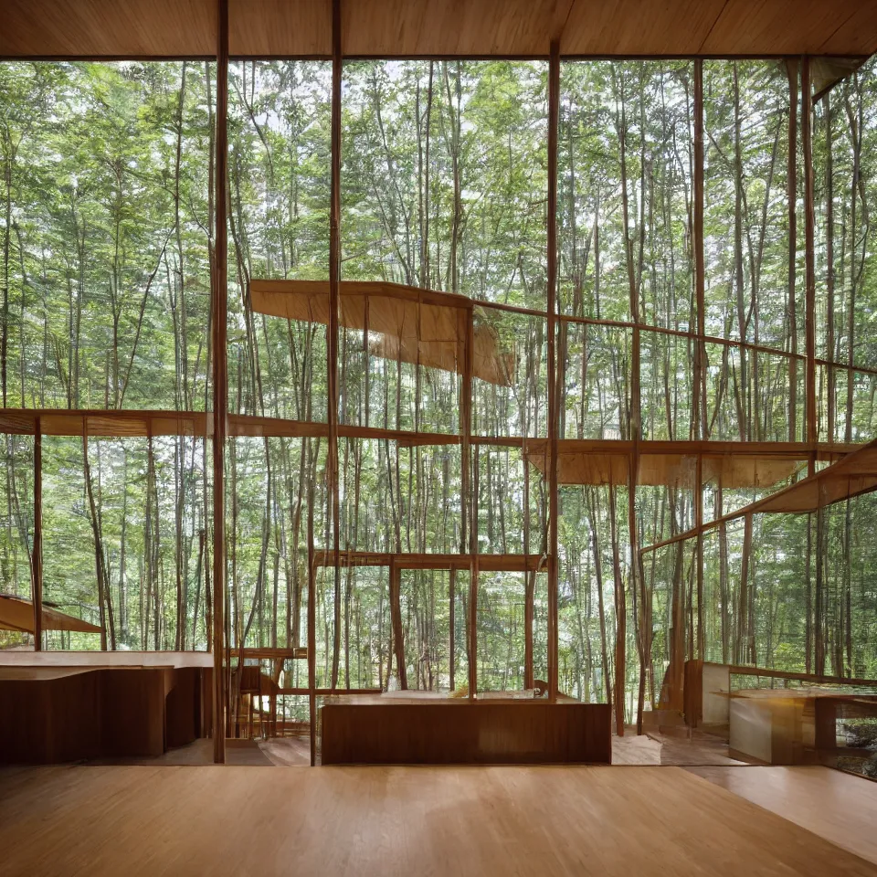 Image similar to architecture ad for a mid-century modern house in the forest, designed by Kengo Kuma. Film grain, cinematic, yellow hue