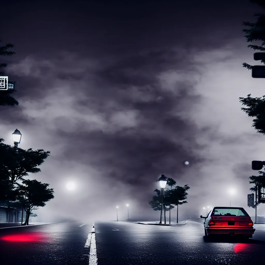 Image similar to JZX90 twin turbo drift middle of empty street, Kanto Region, misty night, cinematic color, photorealistic, highly detailed,