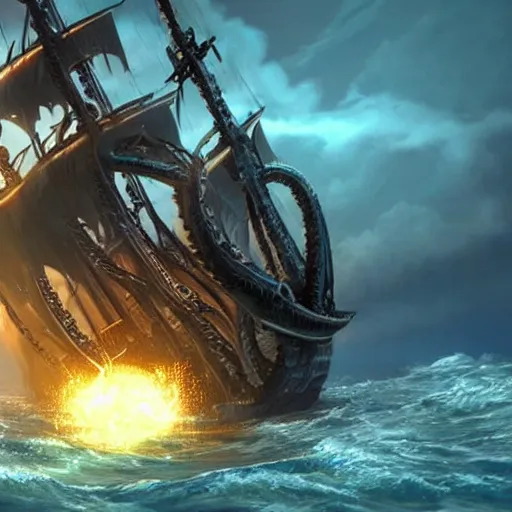 Image similar to kraken destroying a large galleon, ocean, photo realistic