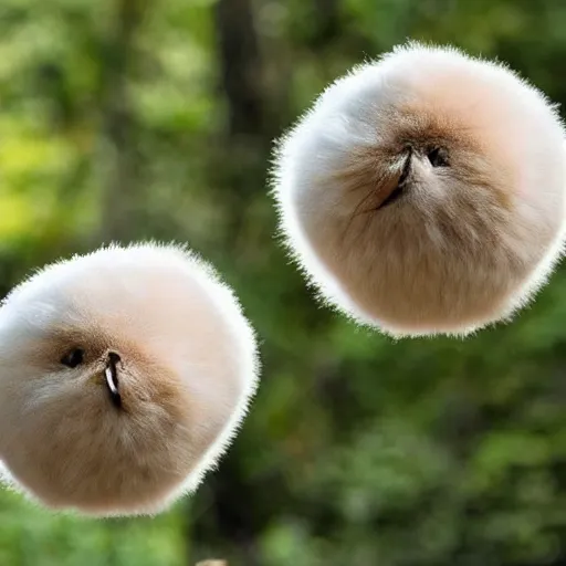 Prompt: photo of cute round puffballs that look like cats, floating above a crying man