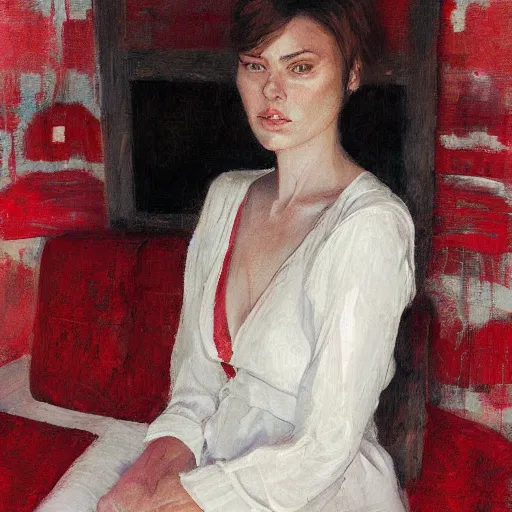 Image similar to portrait of a woman wearing white and red, by jon foster
