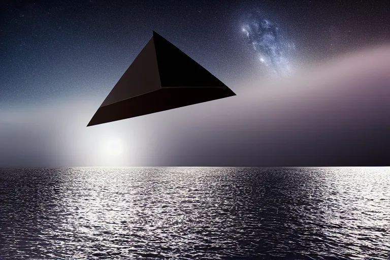 Prompt: a black triangular spaceship hovering over the ocean, near the beach, night time, volumetric fog, starry night, ominous