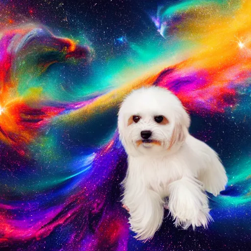 Image similar to a cream-colored Havanese dog surfing on top of a cosmic wave of iridescent energy, with a background of gorgeous nebulas and galaxies Rutkowski, 4k, masterpiece