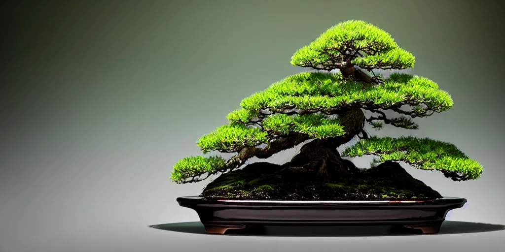 Prompt: photo bonsai cedar on a small angular cnn emerald in the water, gold hour, soft lighting, light fog, medium full shot, volumetric lighting, beautiful, ultra detailed, cgsociety by leesha hannigan, thierry doizon, 3 5 mm, fujifilm, cinematic, realistic