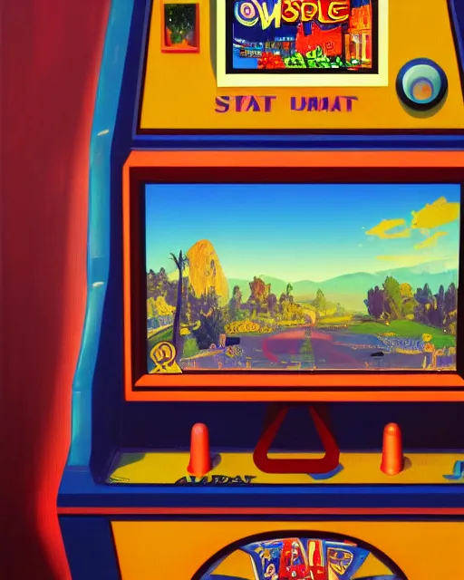 Image similar to arcade start screen. retro technology, vintage colors and shapes, wayne barlow, oil on canvas, deep depth of field, masterpiece, cinematic composition, hyperdetailed