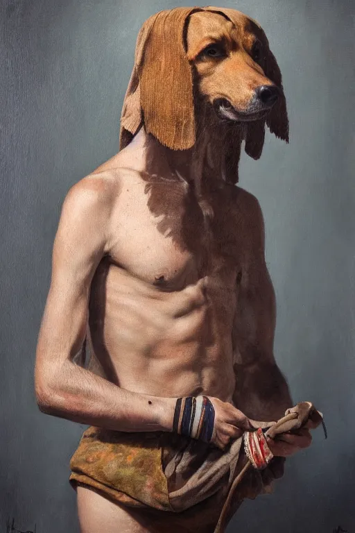 Prompt: Slavic dog head man, beautiful torso in medieval clothes, oil painting, hyperrealism, beautiful, high resolution, trending on artstation,