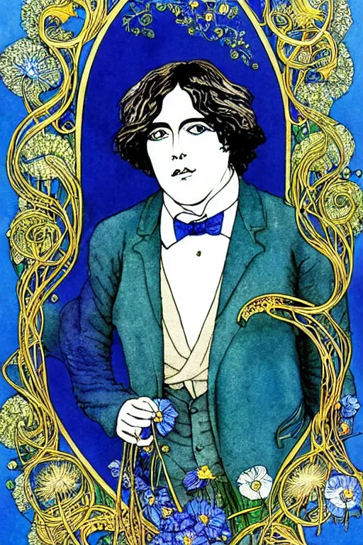 Image similar to realistic portrait of oscar wilde in the center of an ornate floral frame with blue meconopsis, detailed art by kay nielsen and walter crane, illustration style, watercolor