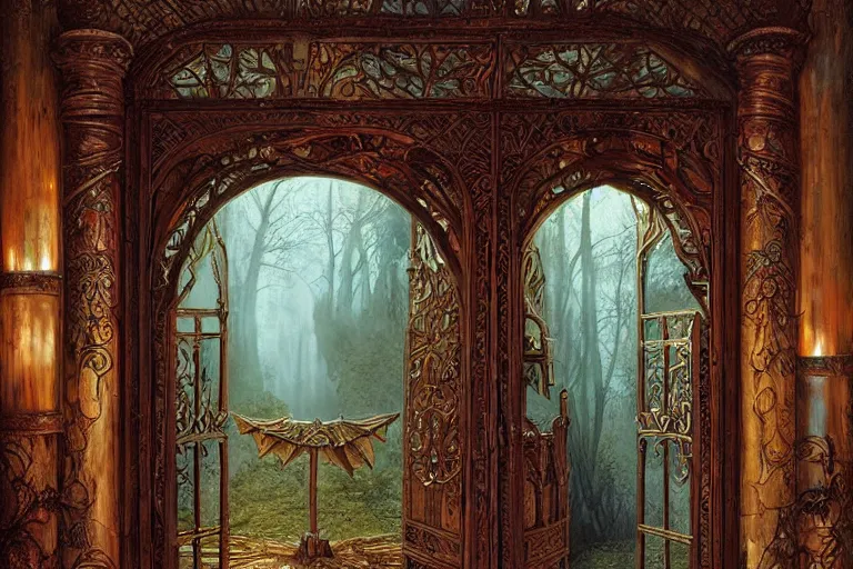 Prompt: large rustic intricately decorated wooden double door, metal handles, a view to a fantasy world, strong eerie back light, mist, fantasy art by james c christensen, norisyoshi ohrai, john hove