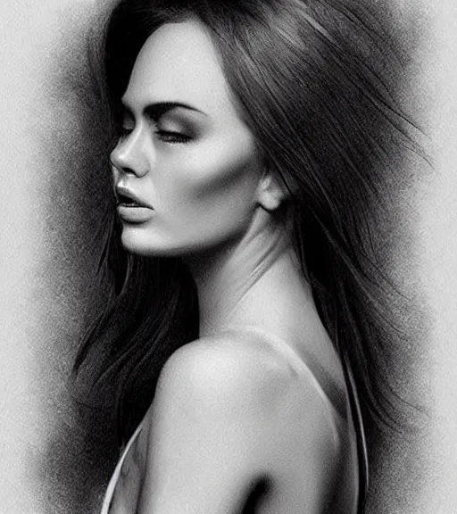 Prompt: a beautiful woman face in front of a background of beautiful mountains, tattoo design sketch, amazing blend effect, hyper - realistic, in the style of matteo pasqualin, amazing detail, black and white