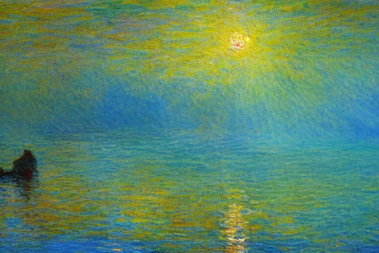 Image similar to idyllic underwater scene with sunbeam shining through water, oil painting, Impressionism, in the style of Claude Monet, 4K, trending on ArtStation