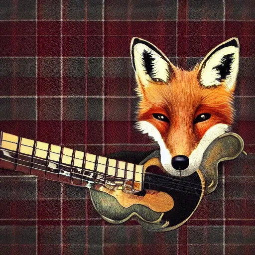 Image similar to a fox animal, wearing cowboy hat, wearing plaid shirt, playing guitar, inside a barn, album cover style, artstation