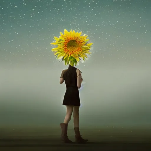 Image similar to giant daisy flower head, woman walking in a modern city, surreal photography, night sky, dark, stars, impressionist painting, digital painting, artstation, simon stalenhag