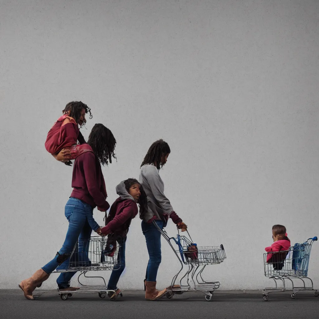 Prompt: a homeless mother and child holding hands and pushing a shopping cart in front of a blank wall, hyperrealistic