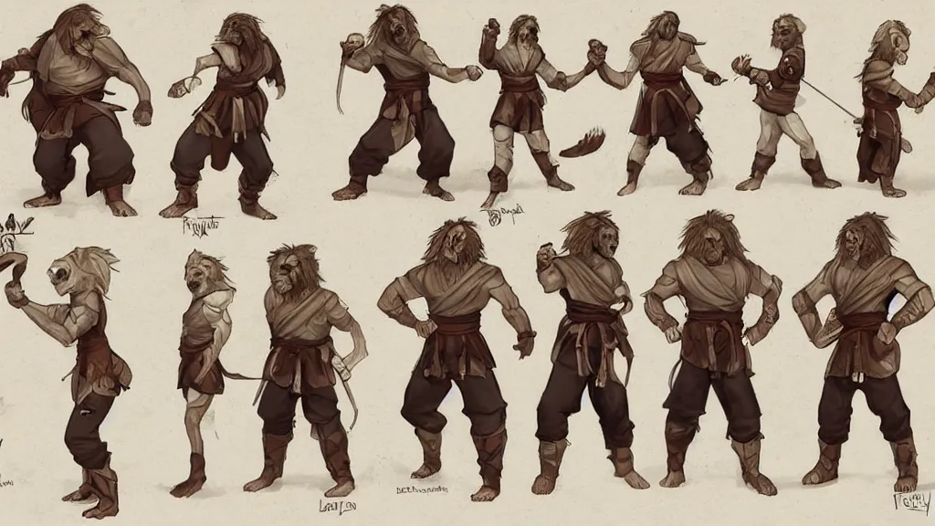 Image similar to a fantasy lion Martial artist person character design sheet, trending on artstation