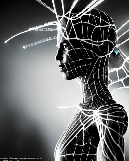 Image similar to black and white cyborg-plant goddess high quality photo, artificial intelligence, bio-mechanical bio-luminescence, artificial spider web, neurons, nerve cells, octane render, cinematic, rim light, hyper realism, photo-realistic, high detail, 8k, in the style of Steven Meisel and Dora Maar and H.G. Giger