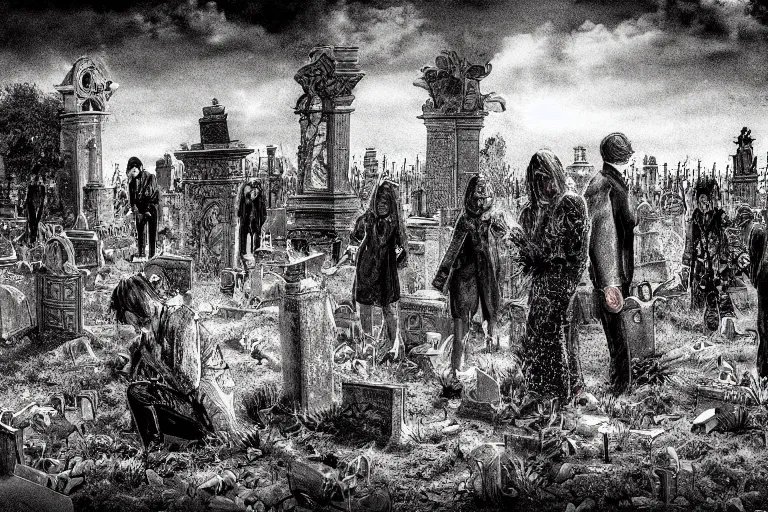 Prompt: the funeral of devil in cemetery, drunk people, dark night, highly detailed digital art, photorealistic